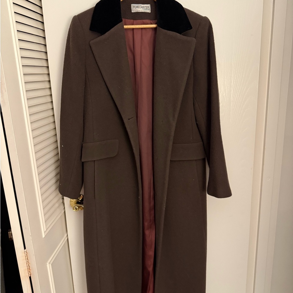 Forecaster Long Brown Wool Coat with Black Velvet Collar